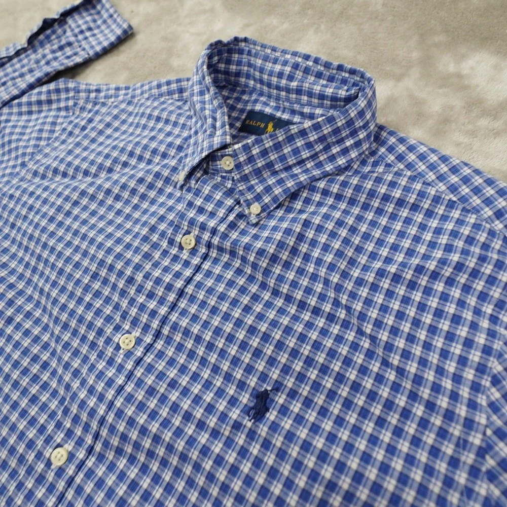 Ralph Lauren Button Up Shirt Men's Large Blue White Plaid Long Sleeve Preppy‎